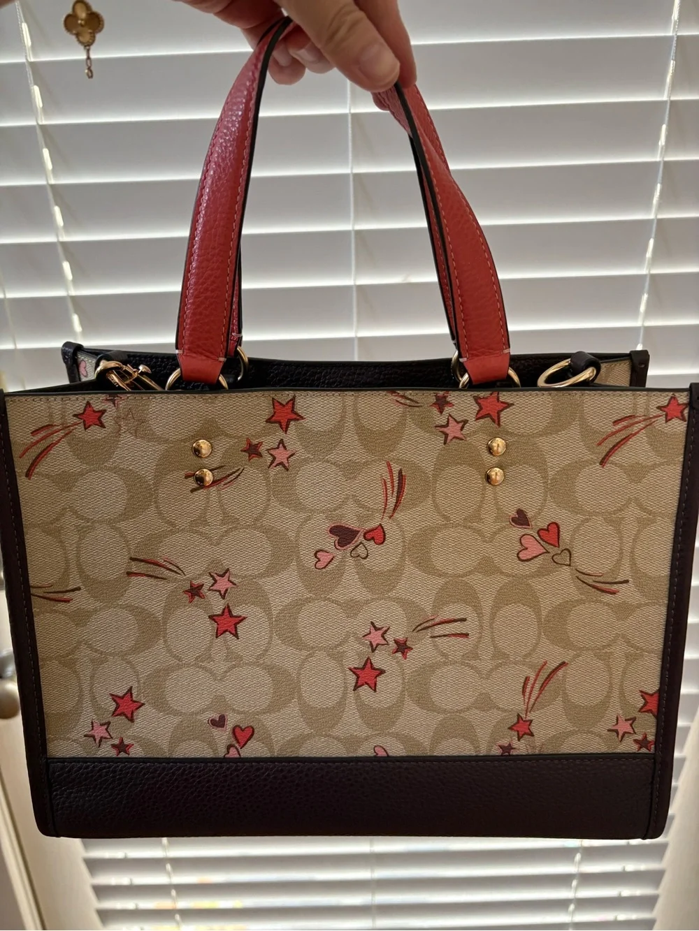 Coach Dempsey 29 Beige Signature Canvas Tote with Red Trim and Charms